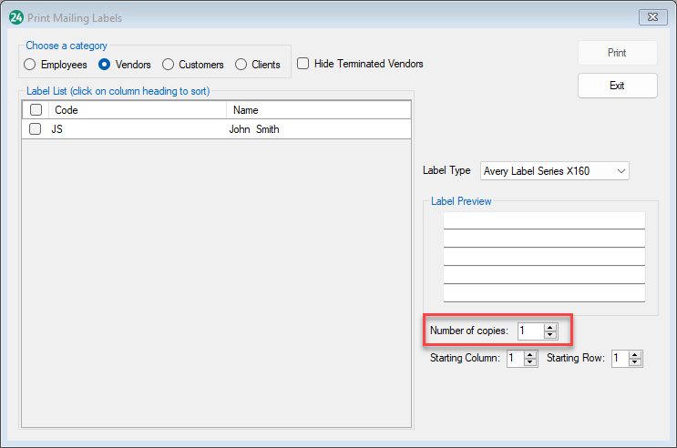 Print Mailing Labels screen